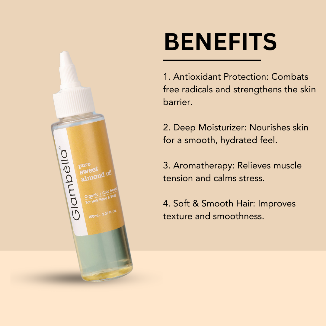 Glambella Cold-Pressed Sweet Almond Oil, For Hair Growth, Glowing Skin & Face, Odorless, Free from Mineral Oil & Sulphates- 100ml