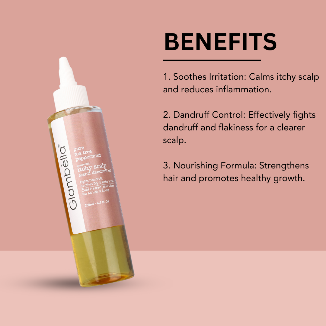Glambella Tea Tree & Peppermint Ayurvedic Hair Oil, Anti-Dandruff, Itchy Scalp Relief, Soothes Irritation &  Flakiness – 200 ml