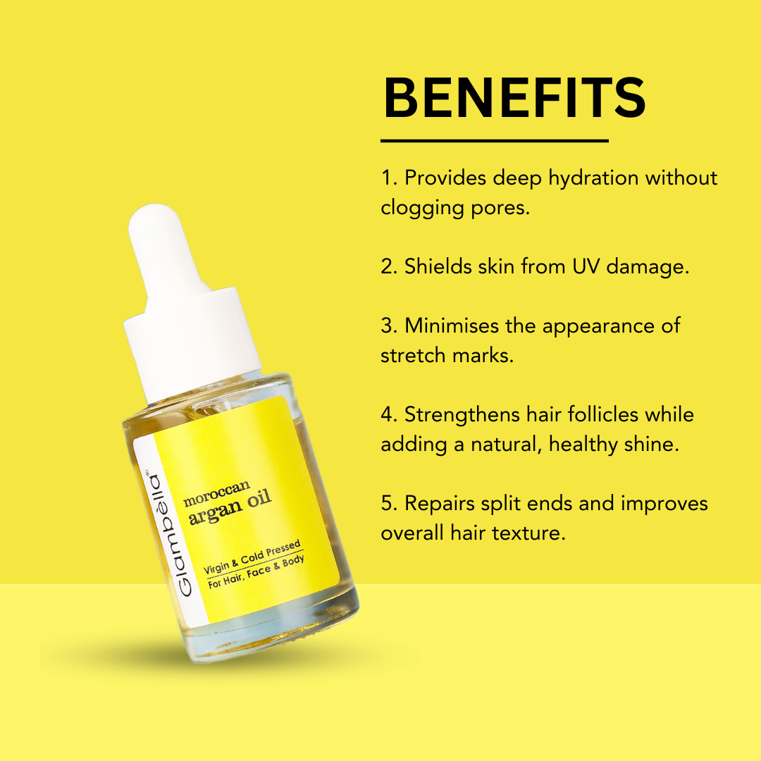 Glambella Moroccan Argan Oil, For Hair Growth, Healthy Hair, Skin Moisturizing, Stretch Marks, Nails & Lips, Non-Sticky, Non-Greasy & Lightweight- 30ml