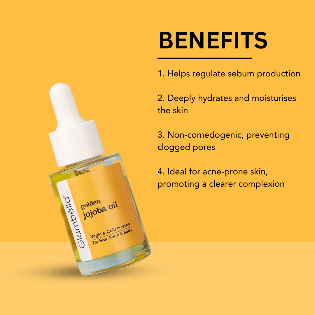 Glambella Golden Jojoba Oil, Cold-Pressed, Hexane-Free Oil for Skin, Hair & Cuticles, Rich in Vitamin E, Deeply Moisturizing & Anti-Ageing – 30ml