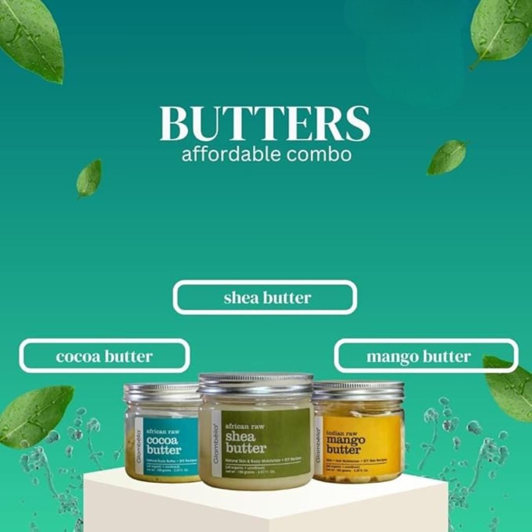 Glambella Raw & Unrefined Butters Combo Shea Butter African Unrefined (150 gms) Cocoa Butter (75 gms)- Cosmetic grade. Indian Unrefined Mango Butter (100 gms) Nourishing skincare.