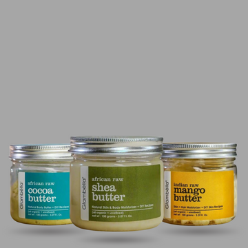Glambella Raw & Unrefined Butters Combo Shea Butter African Unrefined (150 gms) Cocoa Butter (75 gms)- Cosmetic grade. Indian Unrefined Mango Butter (100 gms) Nourishing skincare.