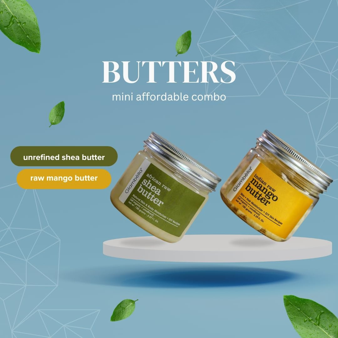 Glambella Raw & Unrefined Butters Combo: African Shea Butter (150g) & Indian Raw Mango Butter (100g) – Perfect for Moisturizing Body and Skin. Combo Pack of 2