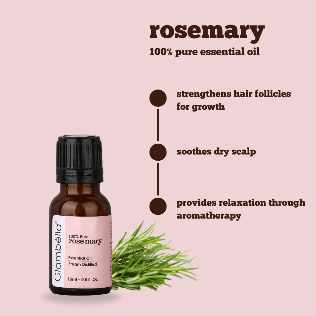 Glambella Rosemary Essential Oil, For Hair Growth, Hair Fall Control & Skin Care – Pure, Natural & Undiluted – 15ml
